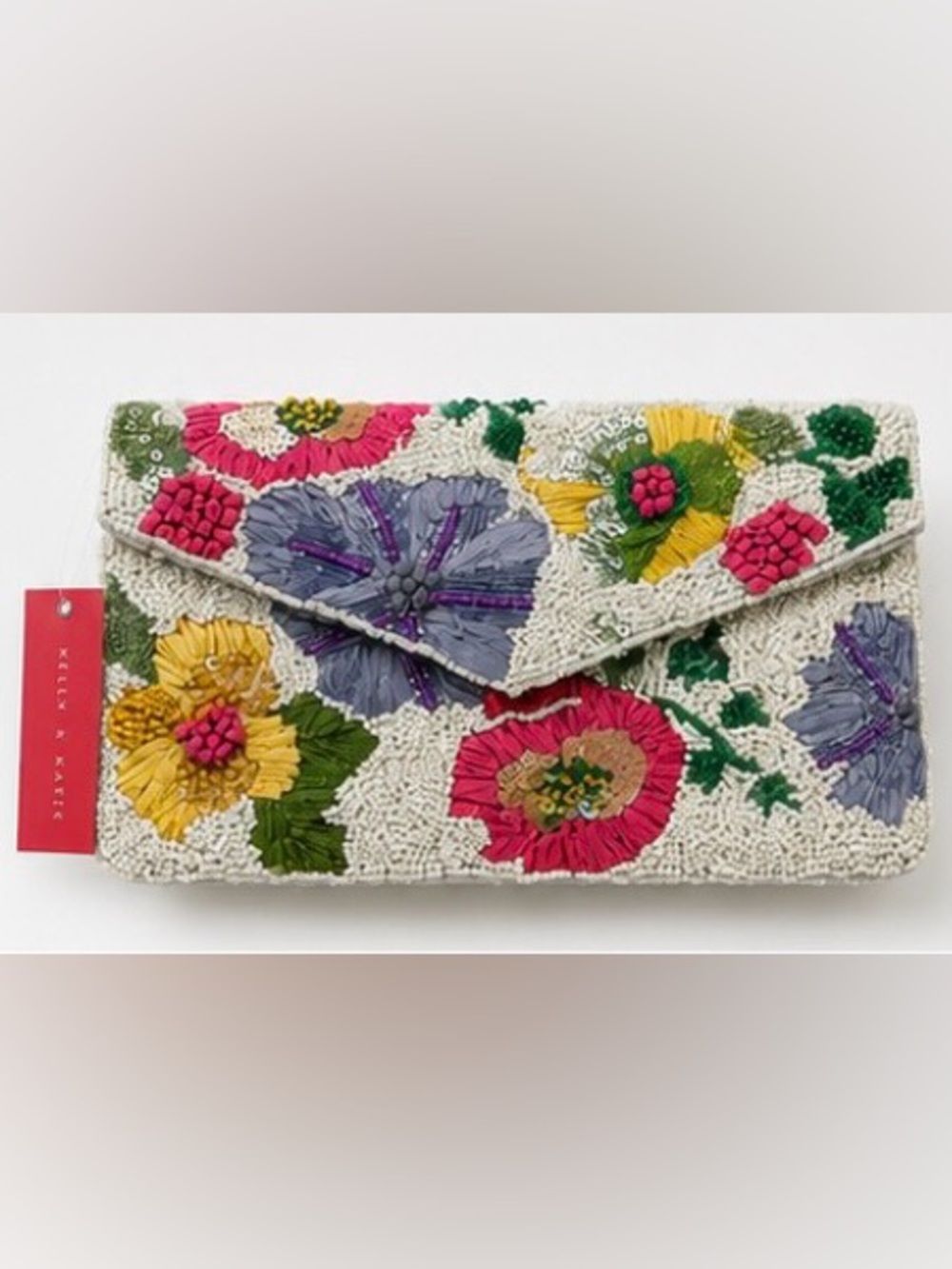 Kelly & Katie Beaded Floral Envelope Clutch - Cream, Pink, Purple, Yellow, Green